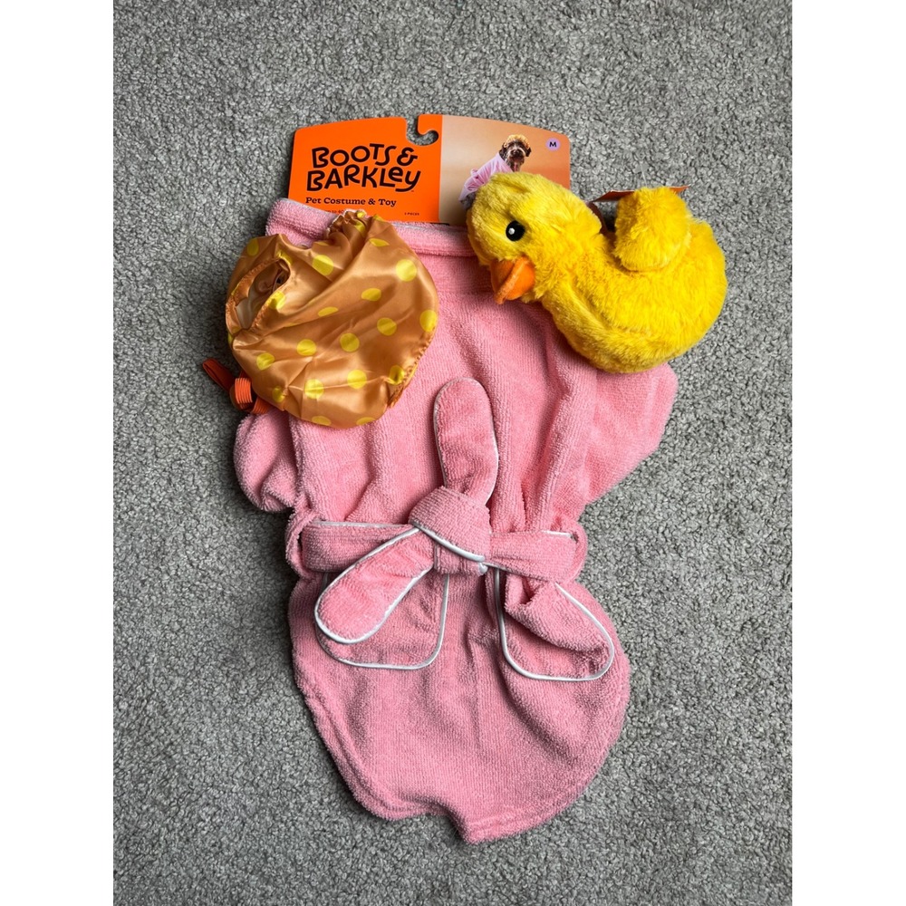 Boots & Barkley Spa Day Pet Costume & Toy Bathrobe Shower Cap Duck Pink Medium
